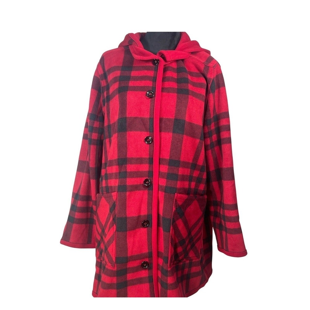 Susan Graver Womens XL Weekend Red Black Plaid Reversible Fleece Hooded Jacket‎